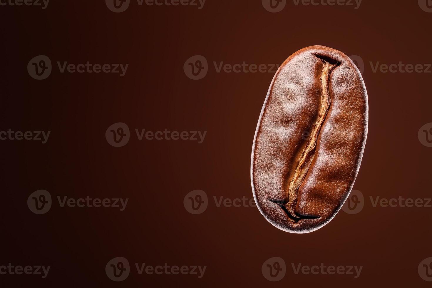 Roasted coffee bean hovers slightly on brown surface, copy space photo