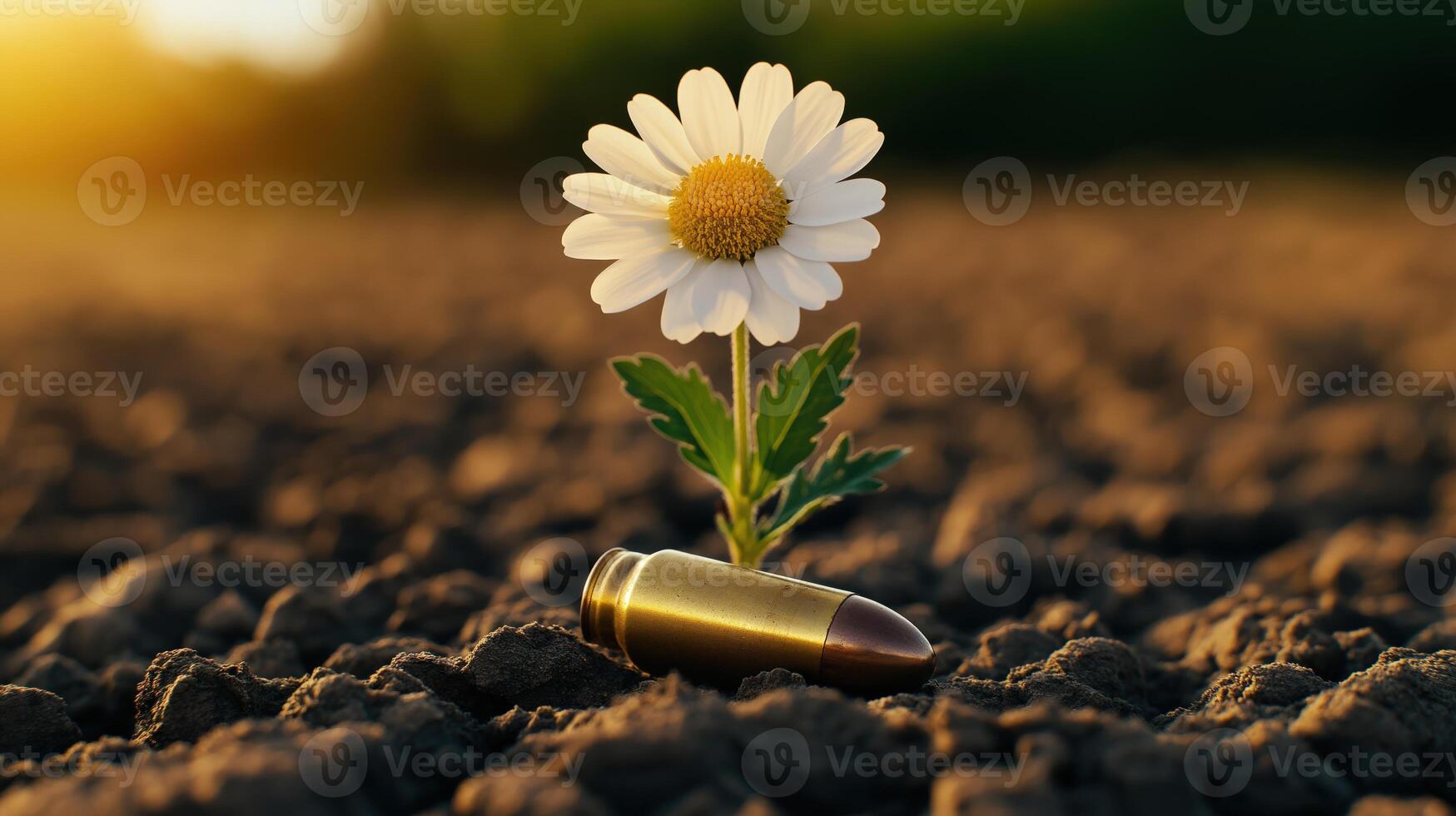Single white daisy flower grows near bullet casing on ground with warm sunset in background photo