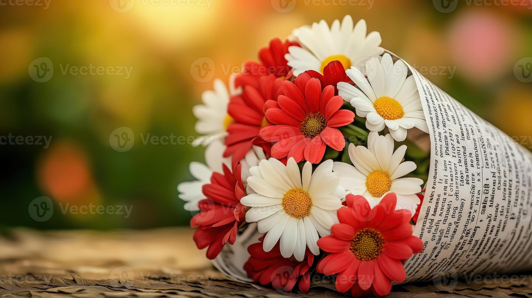 Bouquet of red and white daisies, wrapped in newspaper, on blurred background, with copy space photo