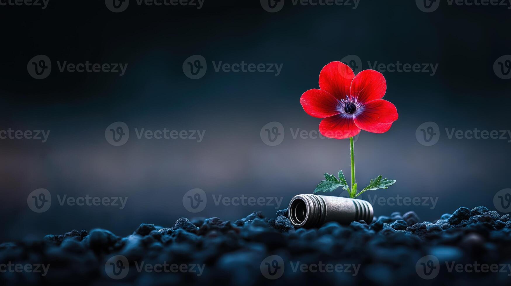 Single red flower near bullet casing in dark soil, with copy space photo