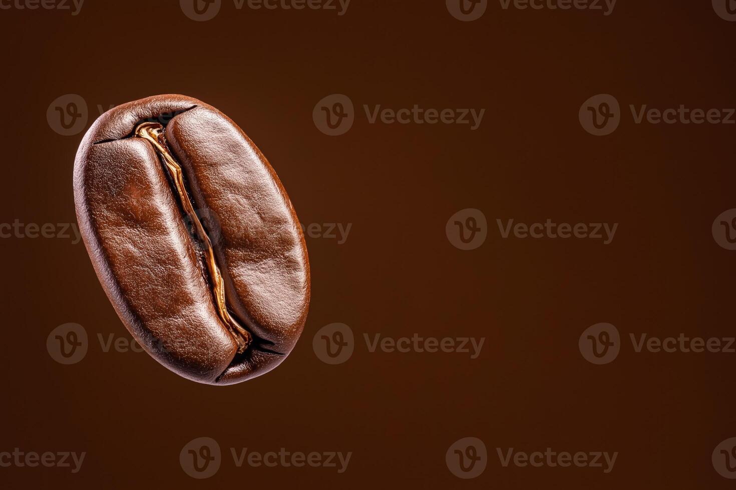 Fresh roasted coffee bean hovers on brown surface, with copy space photo