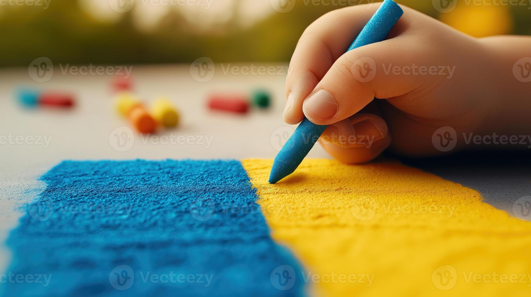 Close up of hand drawing ukrainian flag with yellow and blue chalk on asphalt photo