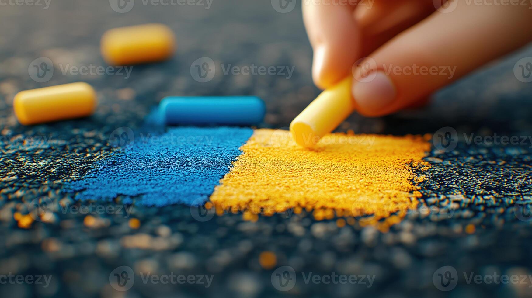 Close up of childs hand drawing ukrainian flag with yellow and blue chalk on asphalt photo