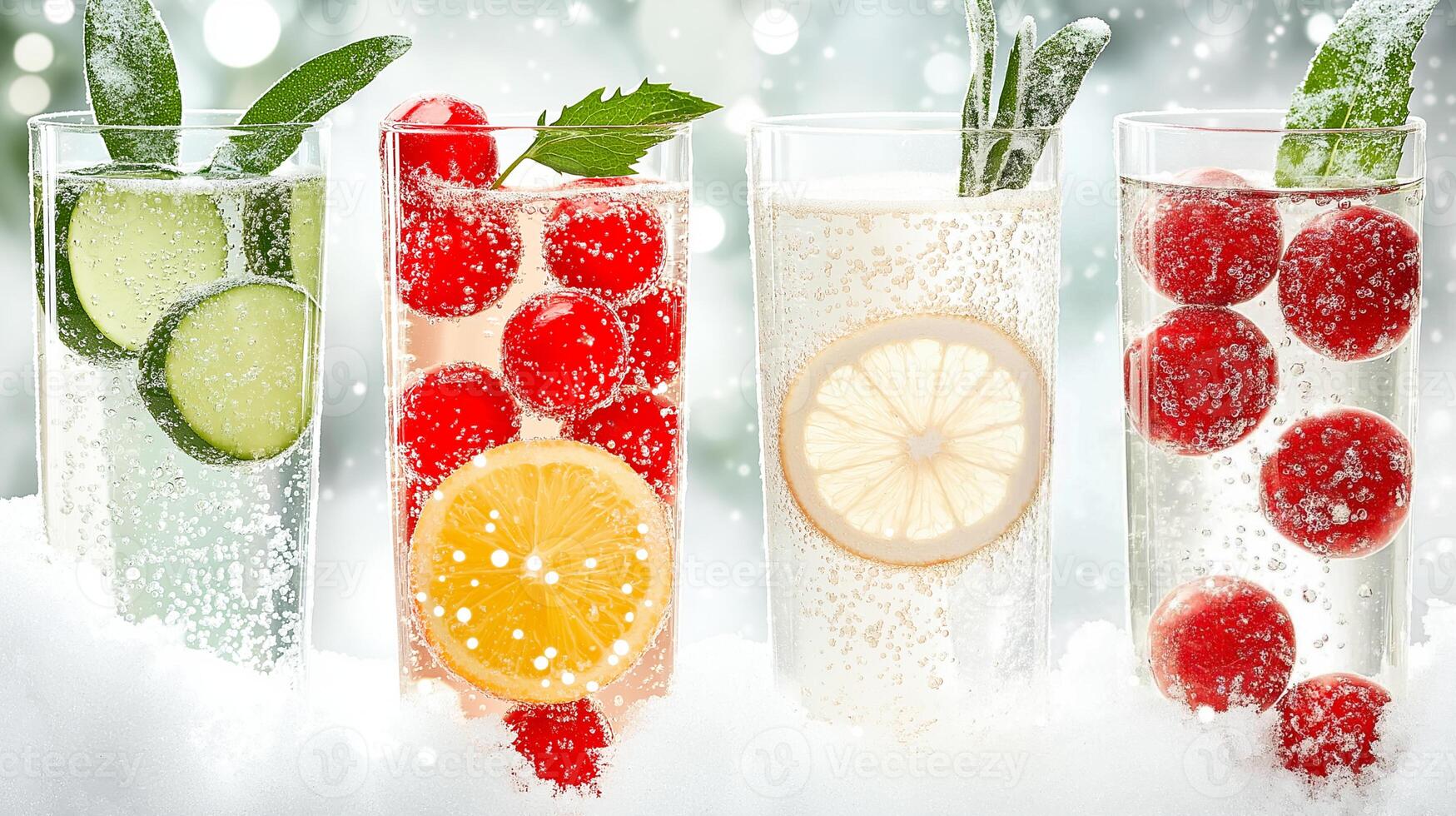 Four glasses of sparkling cocktails with red berries and citrus pieces photo
