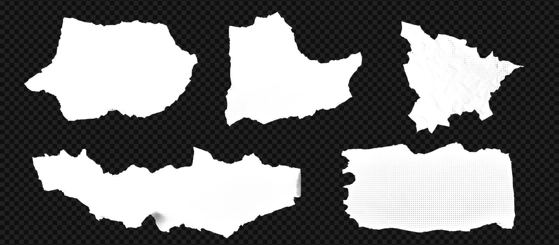 Vintage torn paper set with rip edges and cutout design. White page, note, and label with grunge texture at the transparent background. vector