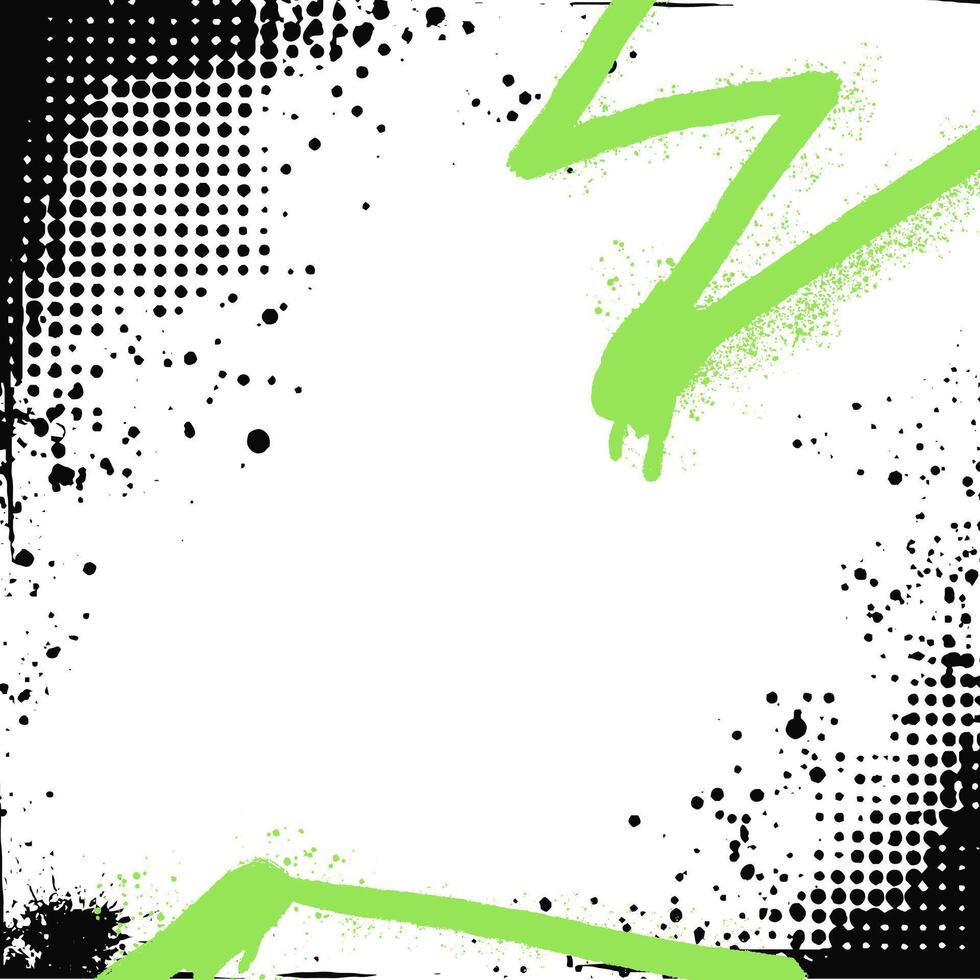 Graffiti spray halftone frame with rough brush strokes and splatter. Abstract retro poster design featuring a black gradient overlay. vector