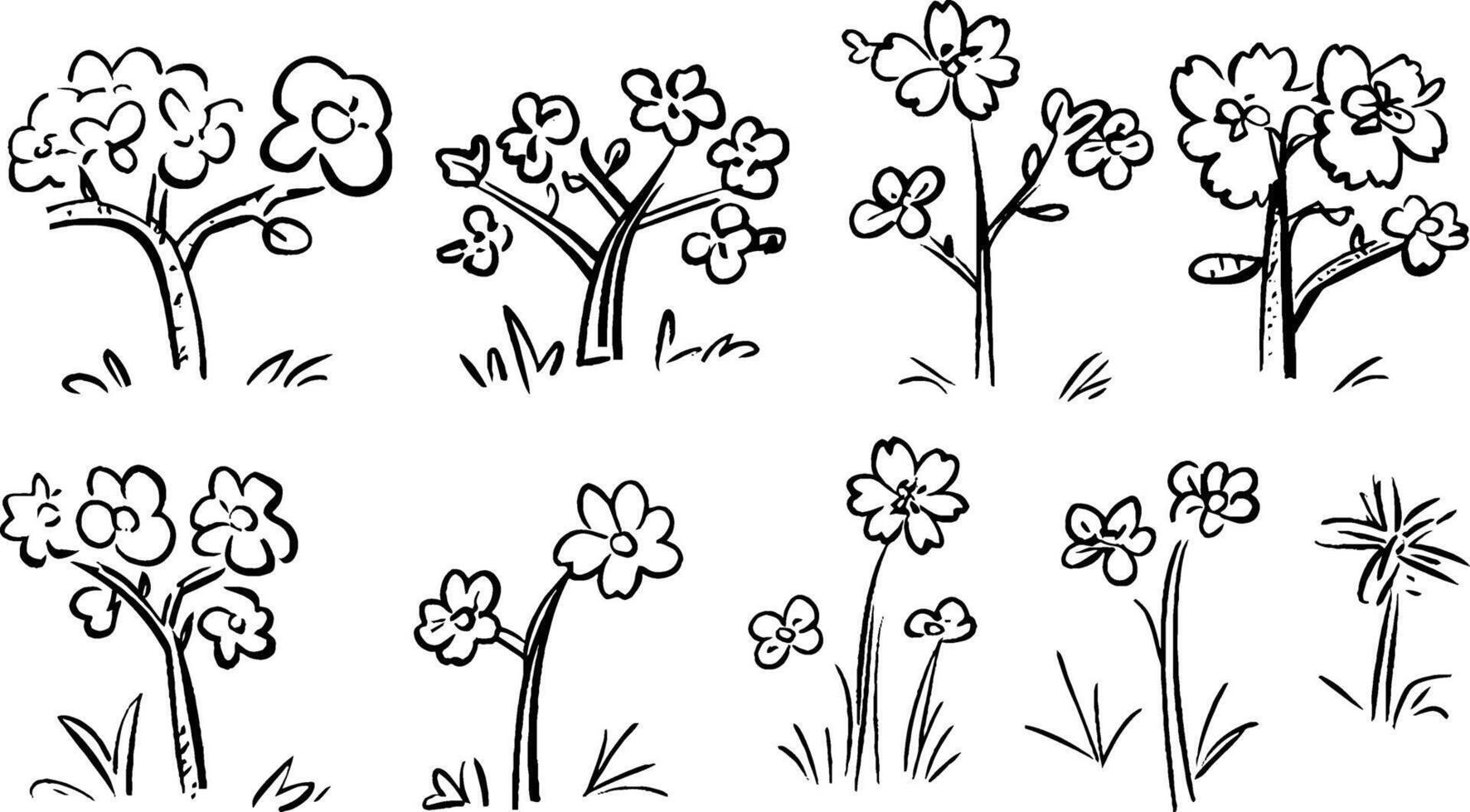 A collection of hand-drawn flower and tree illustrations, featuring various styles of blossoms and foliage. The designs are simple and whimsical, suitable for children's art or decorative purposes. vector