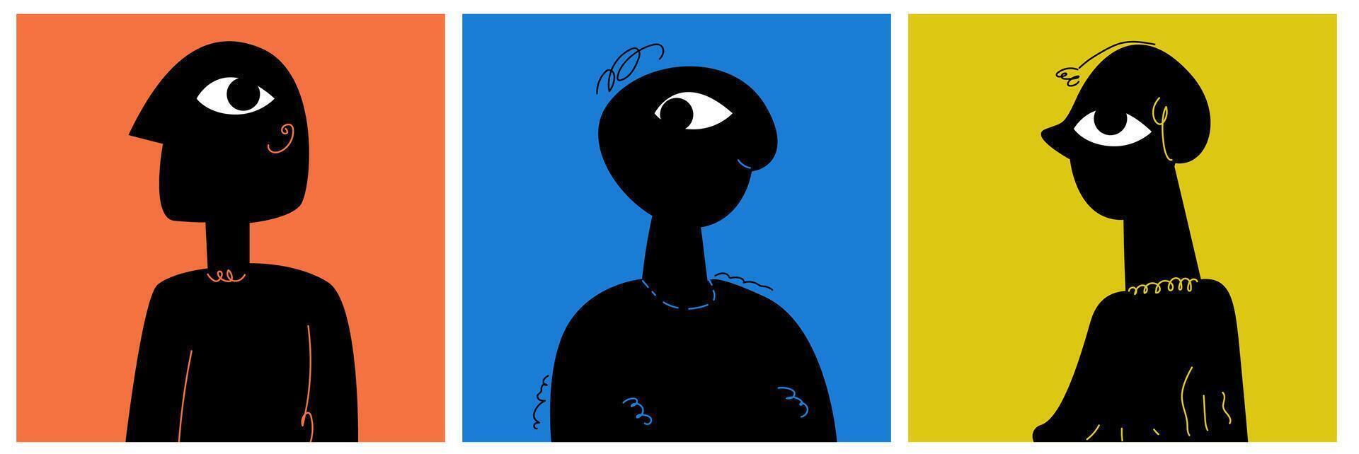 WebA set of weird square avatars on a bright background. Modern illustration with dynamic line and big eye. Contrast image. vector