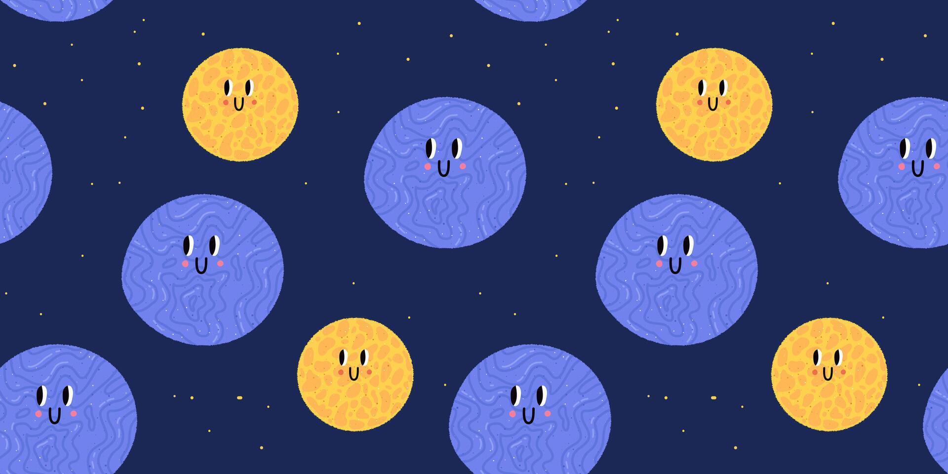 Cartoon seamless texture. Dark night blue background. Doodle good ellements with fun faces. Kids childish pattern. vector
