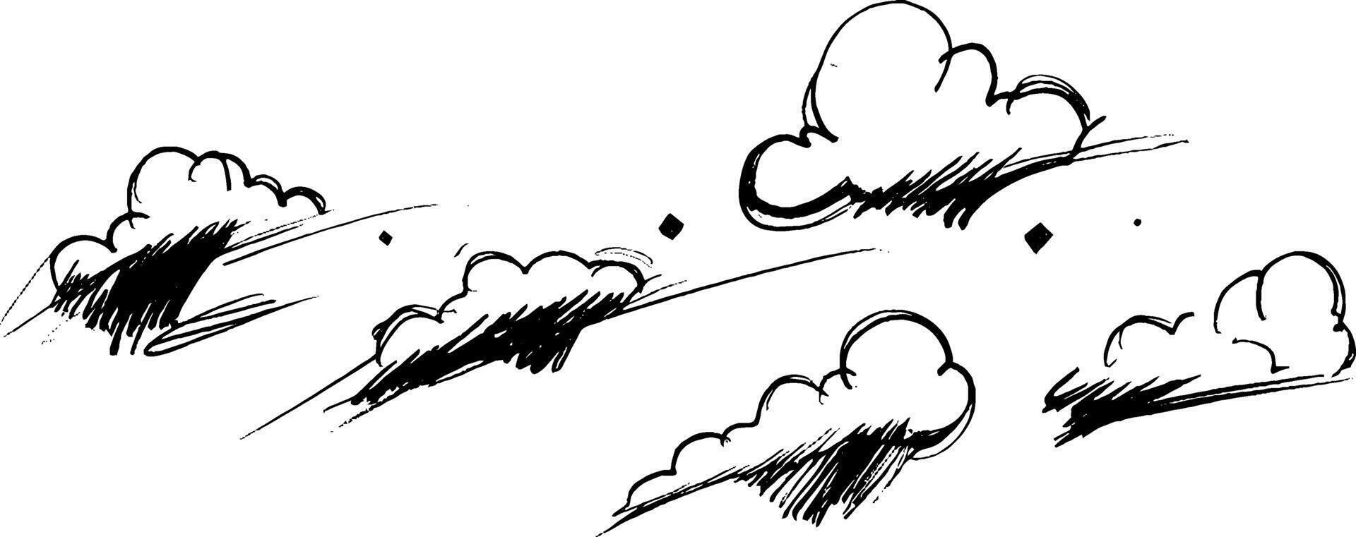 A series of hand-drawn clouds in various sizes, showcasing a whimsical and artistic style. The clouds are sketched with black lines and shading, creating a playful atmosphere. vector