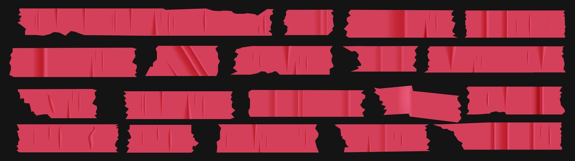 A set of plastic red pieces of torn scotch tape. Trendy elements for designs with realistic texture. patches on transparent background vector