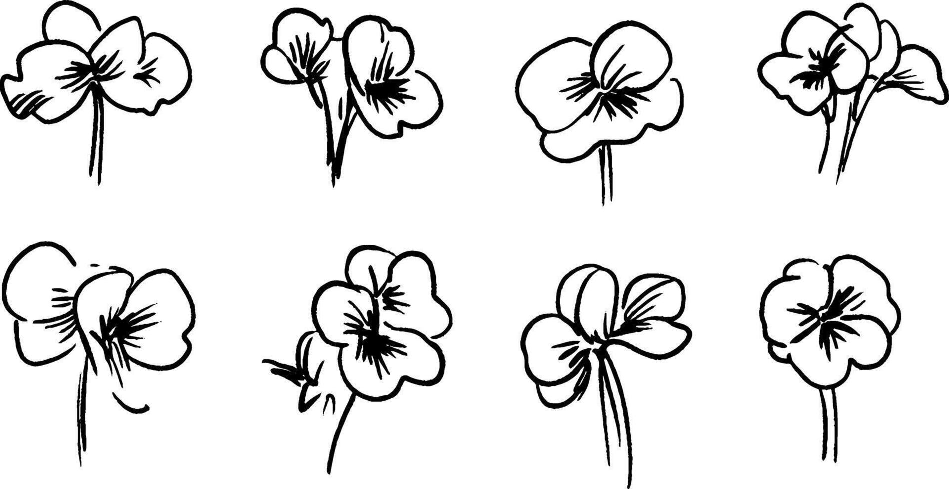 A collection of hand-drawn illustrations of flowers, showcasing various angles and styles. Each flower features delicate petals and stems, emphasizing artistic expression. vector