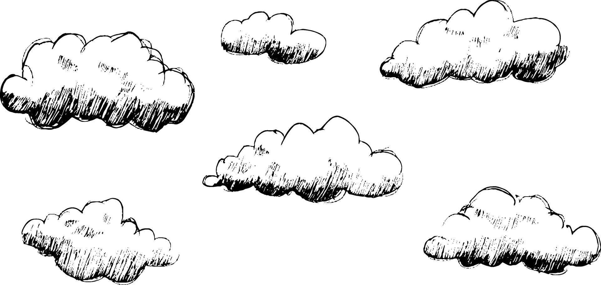 A collection of hand-drawn clouds in various sizes and shapes, set against a white background. The clouds have a sketchy, artistic style, giving a whimsical feel. vector