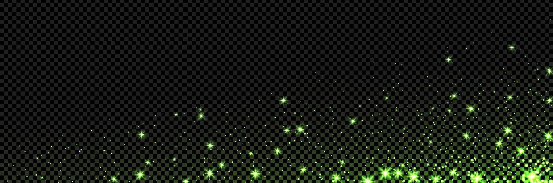 Green firefly light magic effect. Overlay glow and dust sparkle. Shine glitter confetti with stars vector