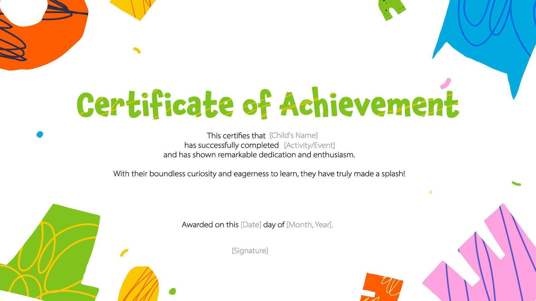 Childish certificate background for kids. Fun and bold. Diploma with shapes and scribble texture. Playful school template. trendy design vector