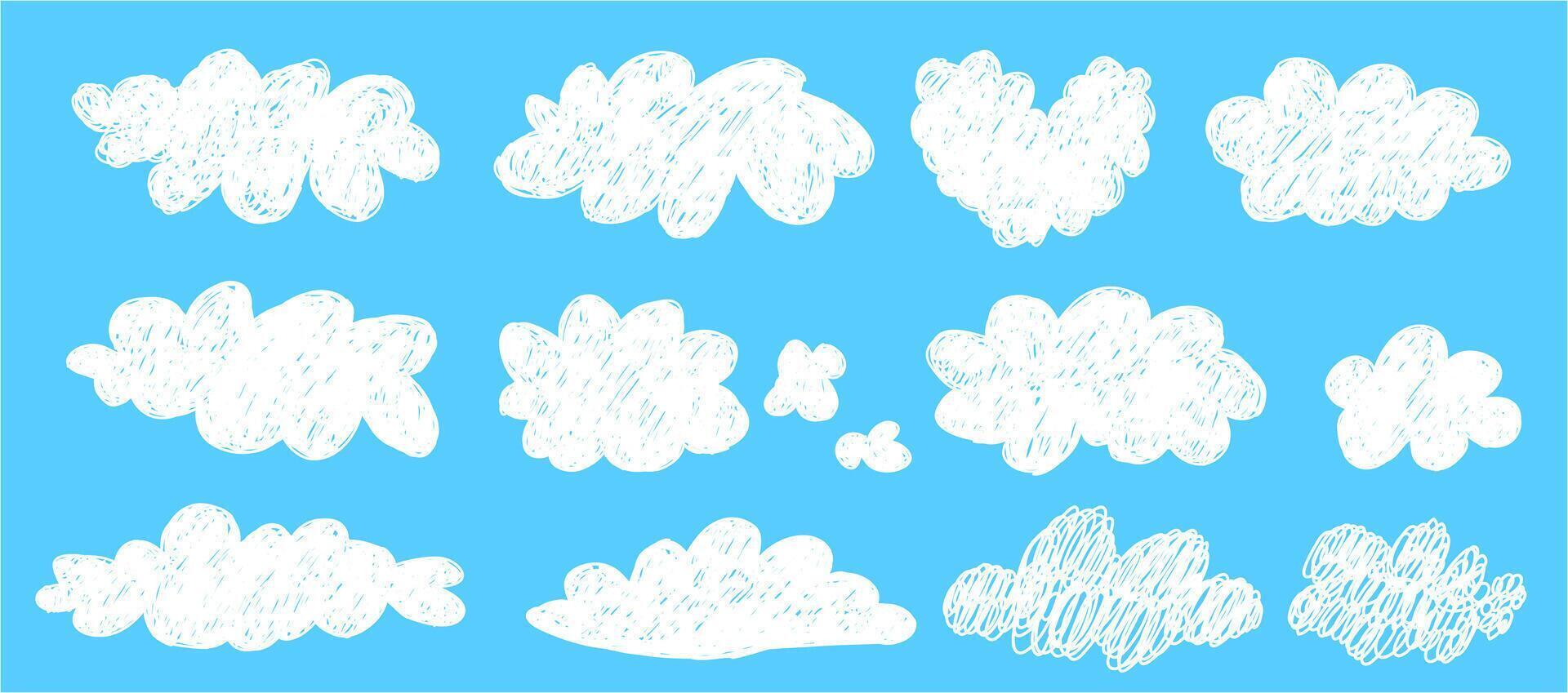 Simple scribble white clouds set. Cute and kawaii elements collection on blue bg like a . naive art illustration. vector