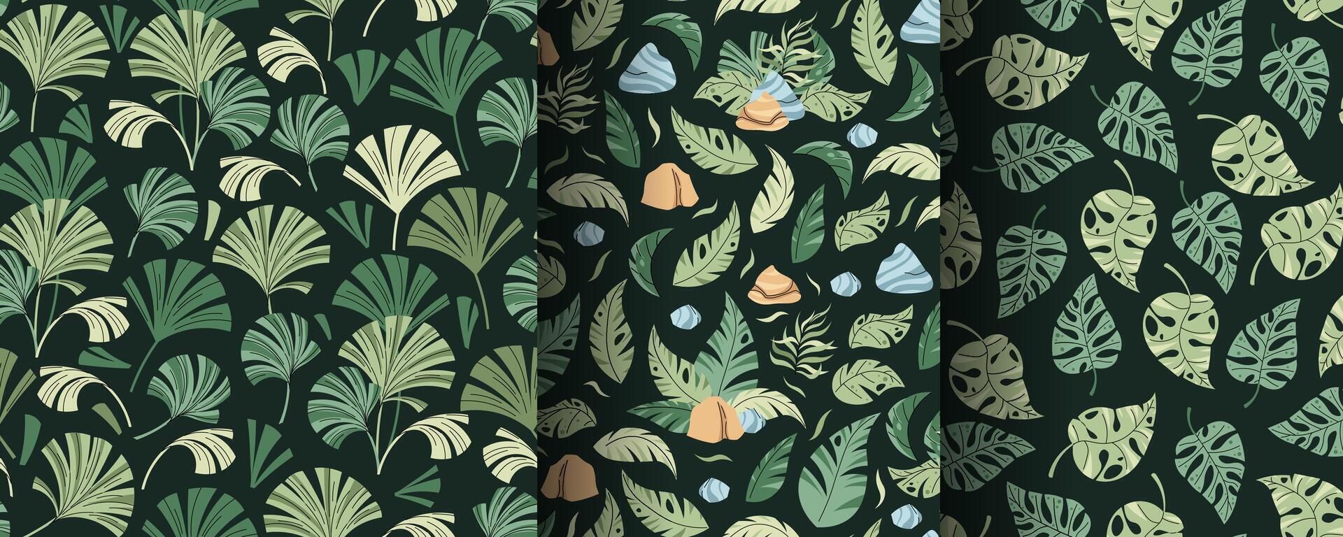 Set of Seamless Patterns with Tropical Leaves in Flat Style. Endless Texture with Palm Leaves, Rocks and Pond. Botanical Background for Fabric, Wallpaper, Wrapping Paper, Scrapbooking, etc. vector