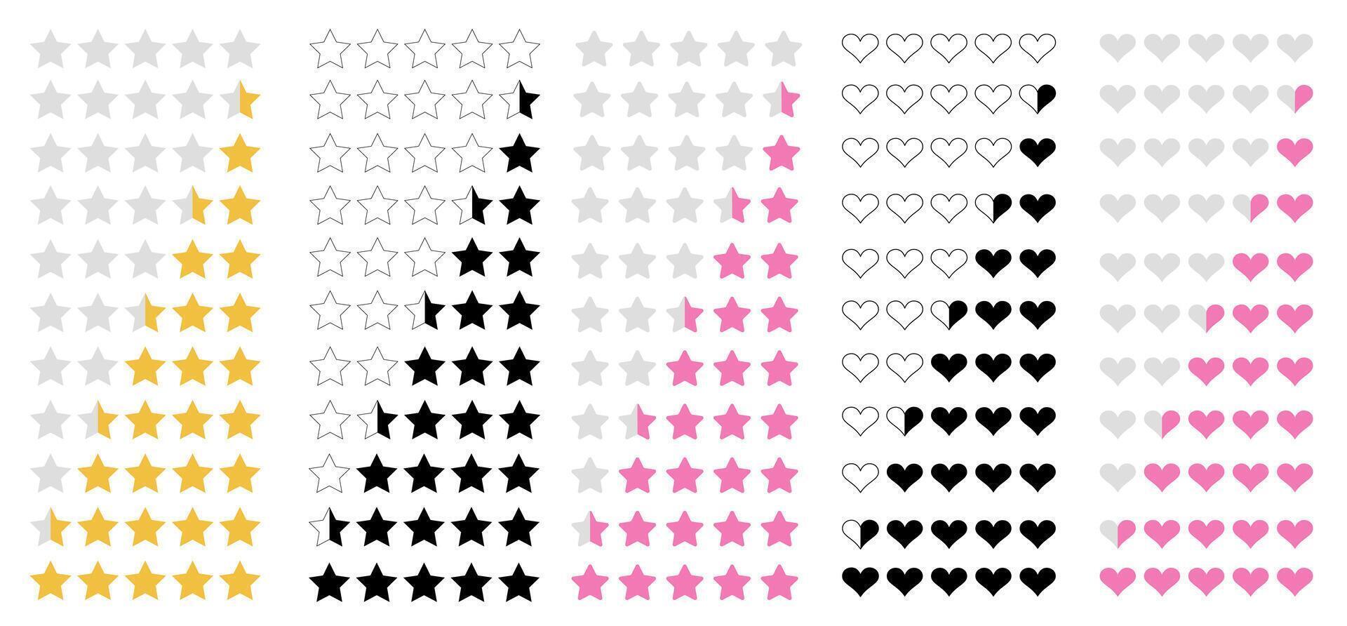 icon set of star and heart symbols. Point rating shapes in yellow and pink. Quality evaluation and review elements for app UI design on white background. vector