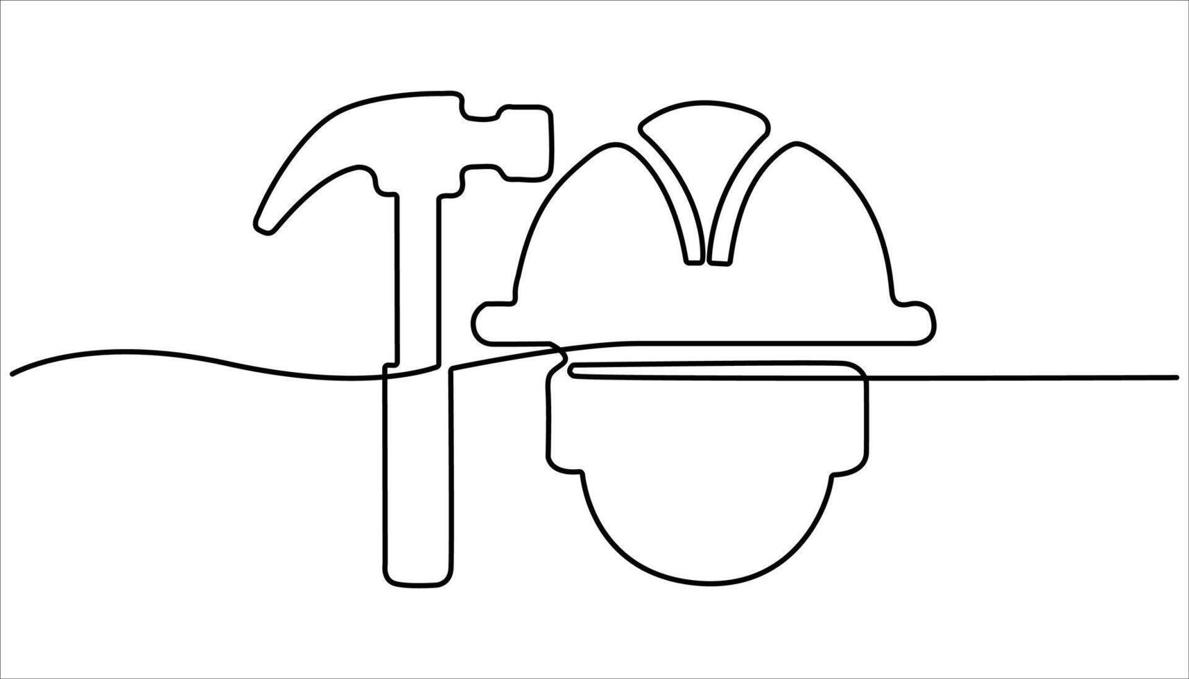 Single line drawing of a hard hat with hammer continuous one line drawing. Continuous one line drawing of labor minimalist concept for labor days. vector