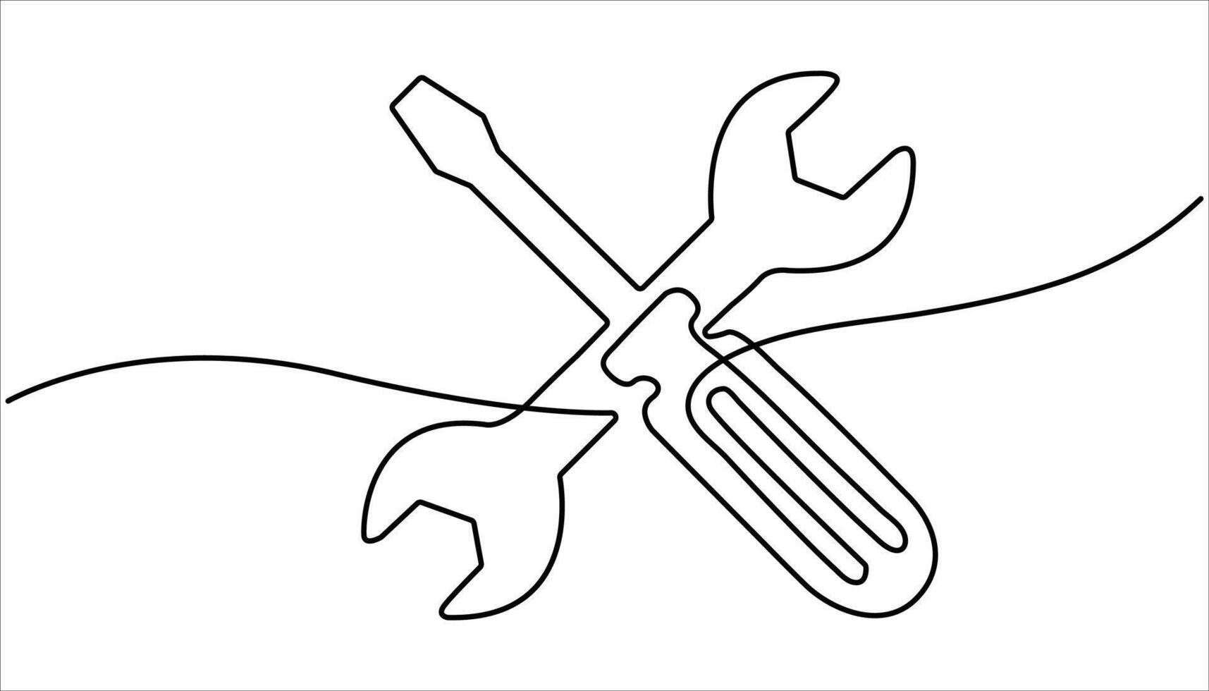 Hammer and wrench continuous one line drawing. Adjustable wrench and hammer single line drawing illustration. One line drawing of hammer and wrench tools. vector