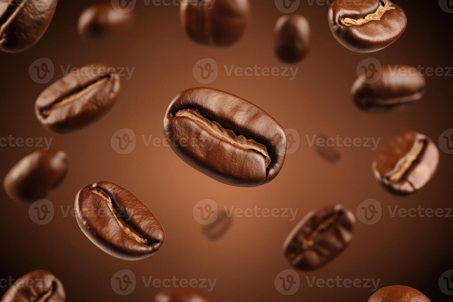 Fresh roasted coffee beans floating in midair on warm brown background photo
