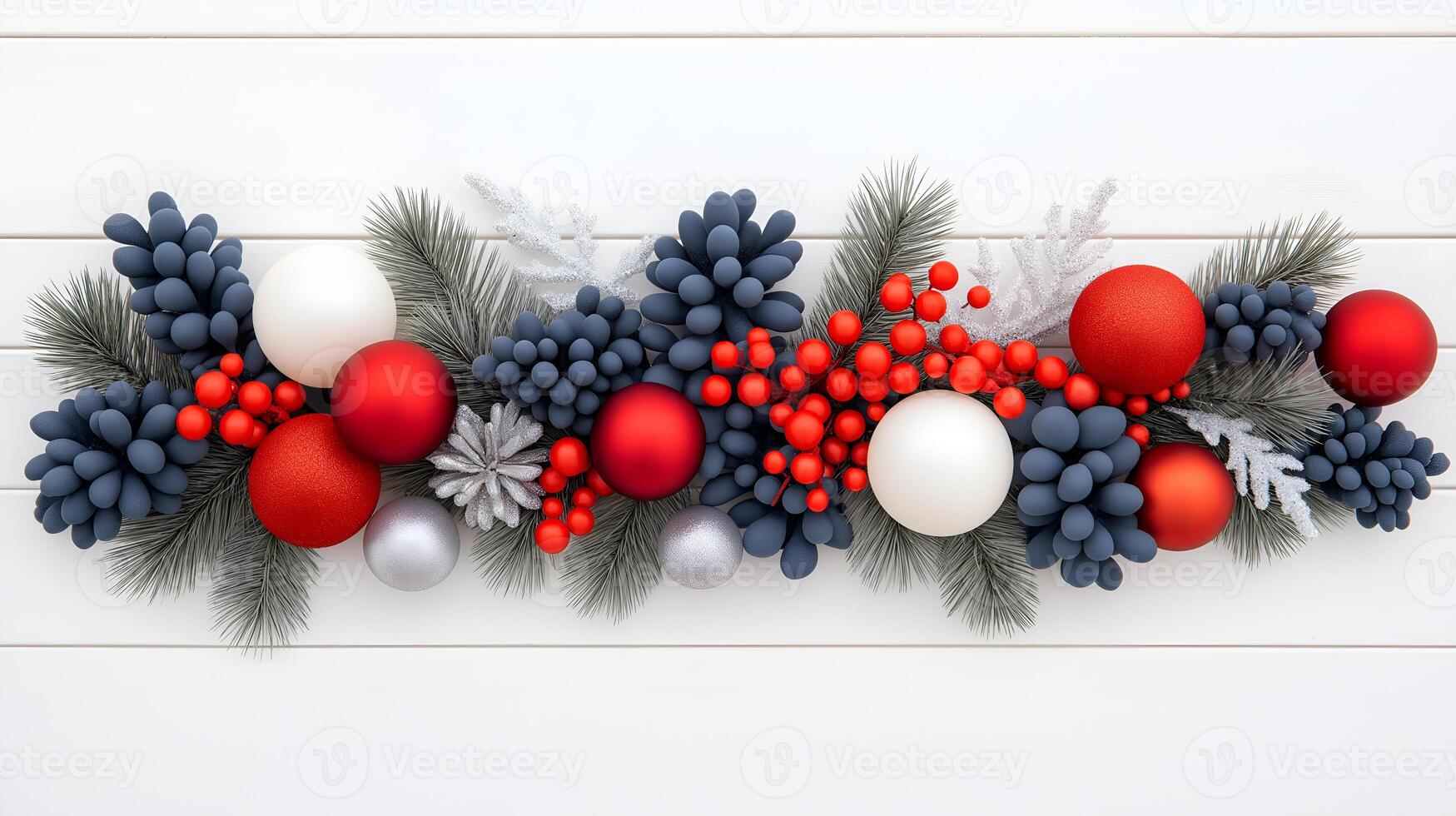 Christmas decoration in red, white and blue color on wooden background photo