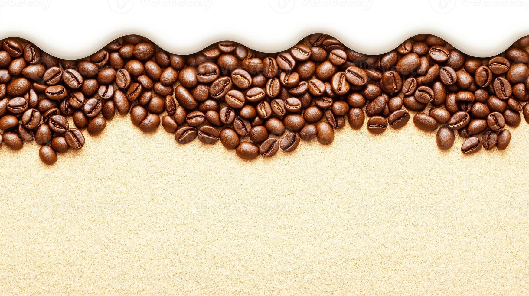 Fresh roasted coffee beans line top edge, framing wavy texture of coffee photo