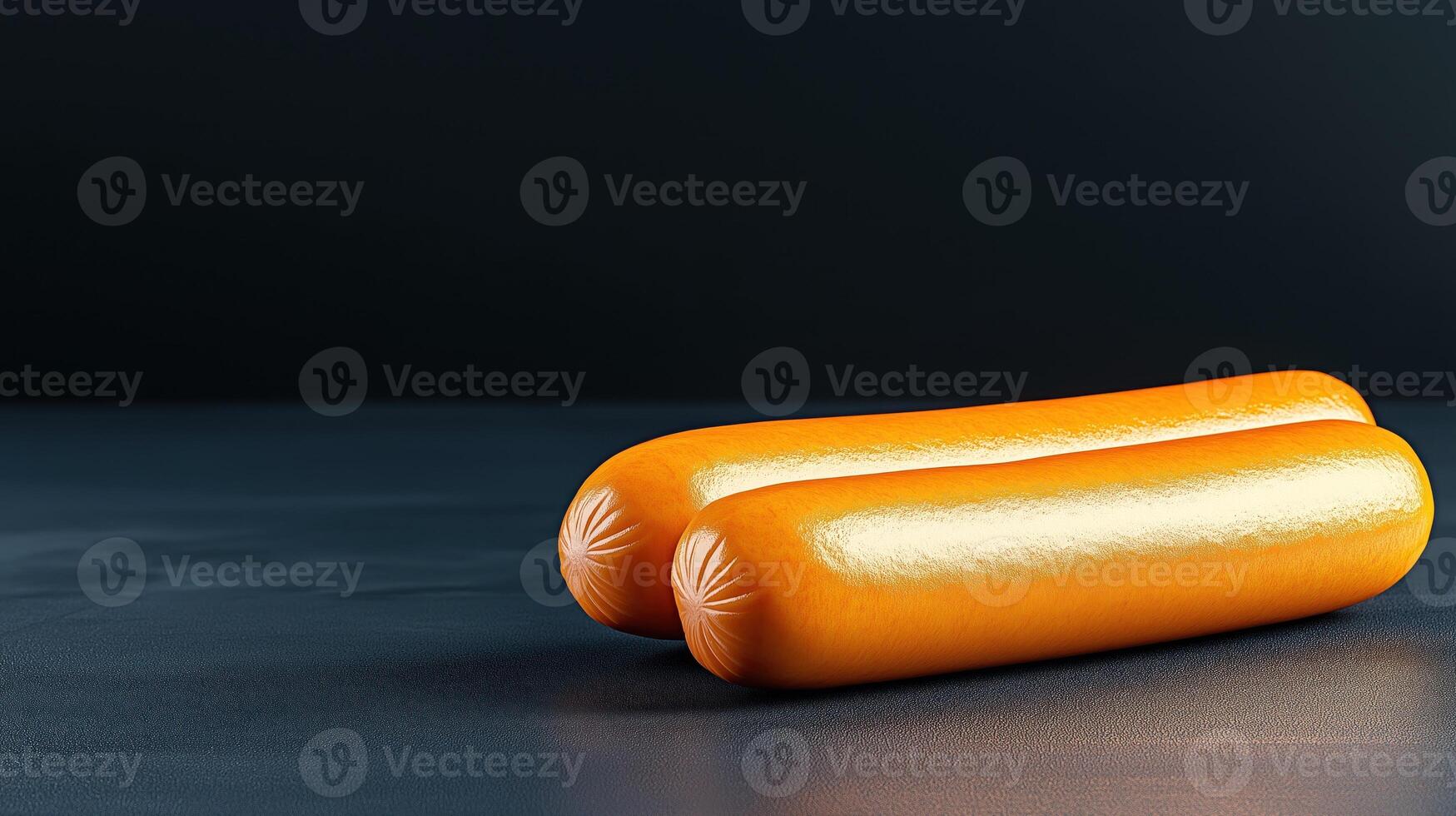 Two glistening sausages resting on dark surface, their smooth skin reflecting light, with copy space photo