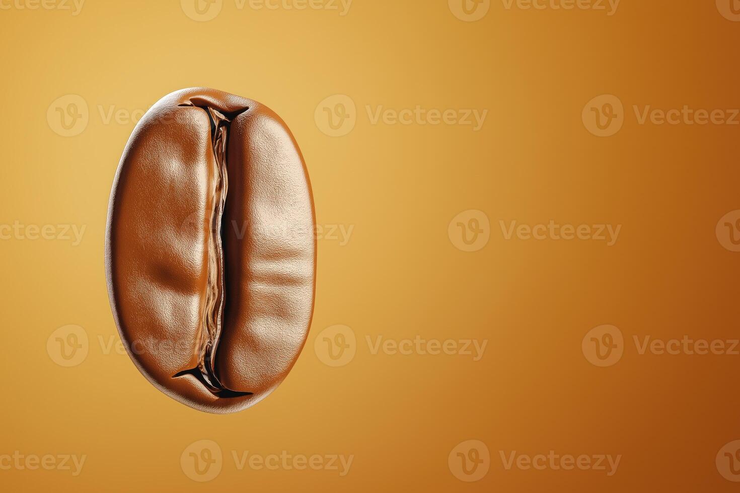 Roasted coffee bean hovers slightly on light brown surface, with copy space photo