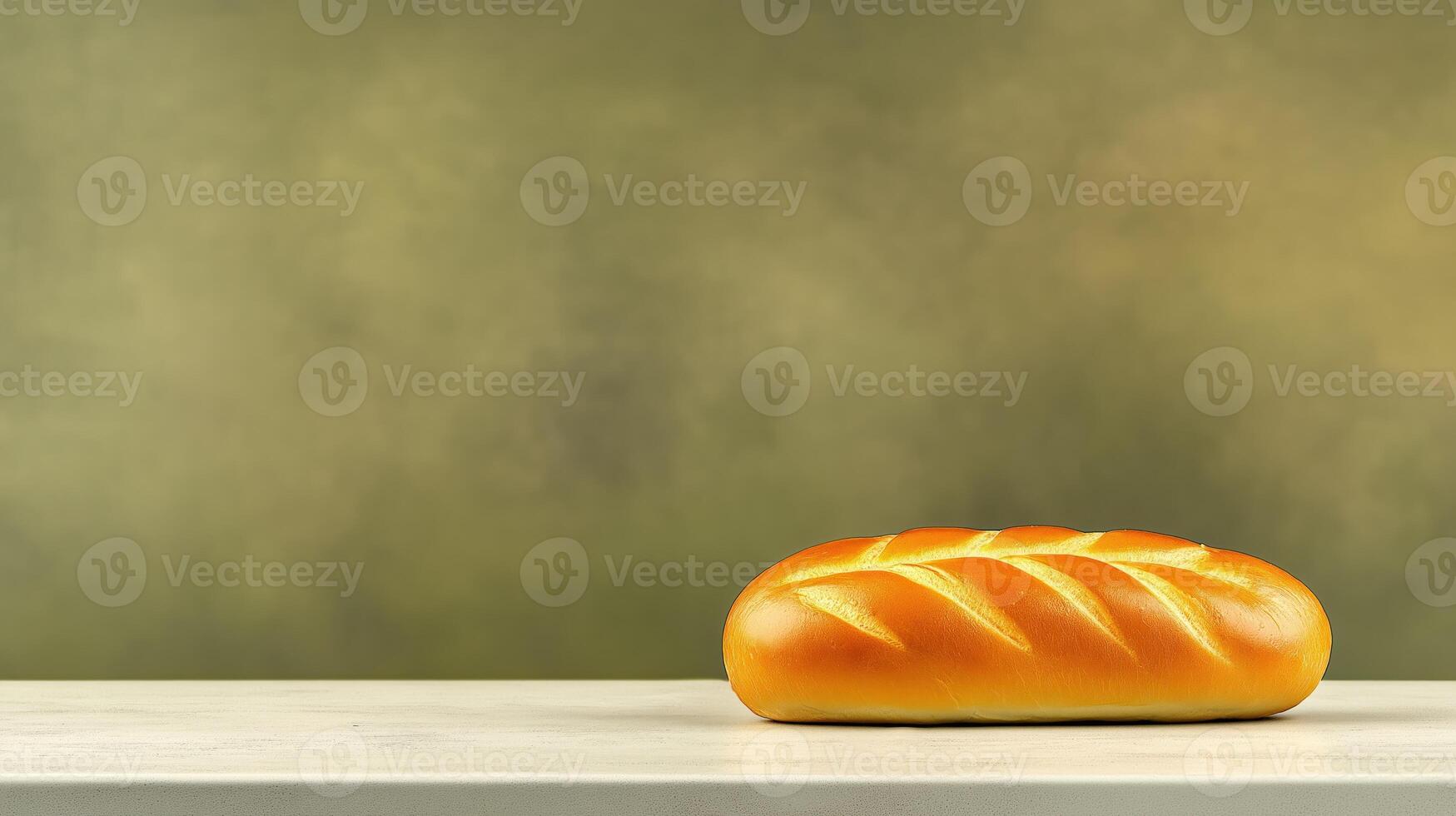 Freshly baked loaf of bread on wooden surface on blurred gray background, with copy space photo