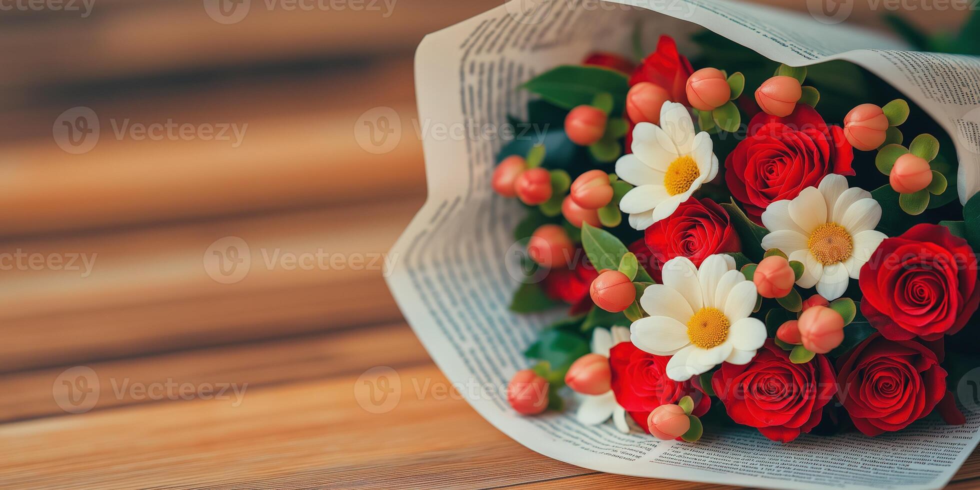 Bouquet of red roses and white daisies, wrapped in newspaper, on wood table, with copy space photo