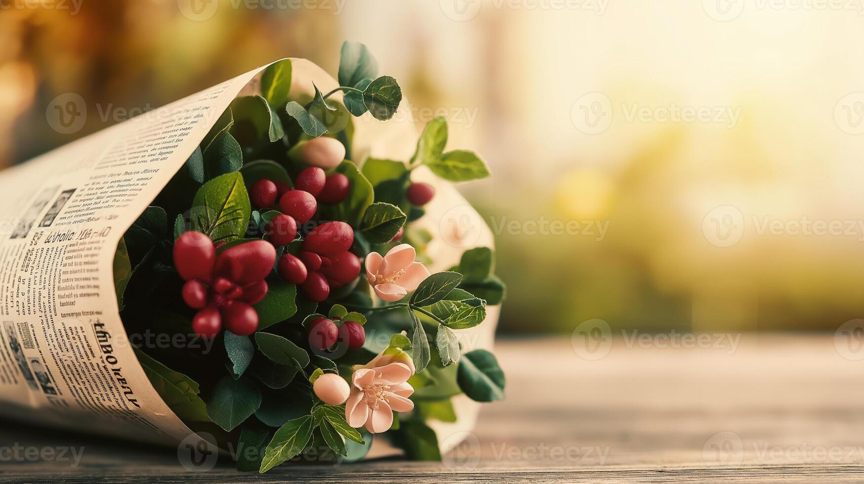 Small bouquet of pink and red flowers wrapped in newspaper on blurred background, with copy space photo