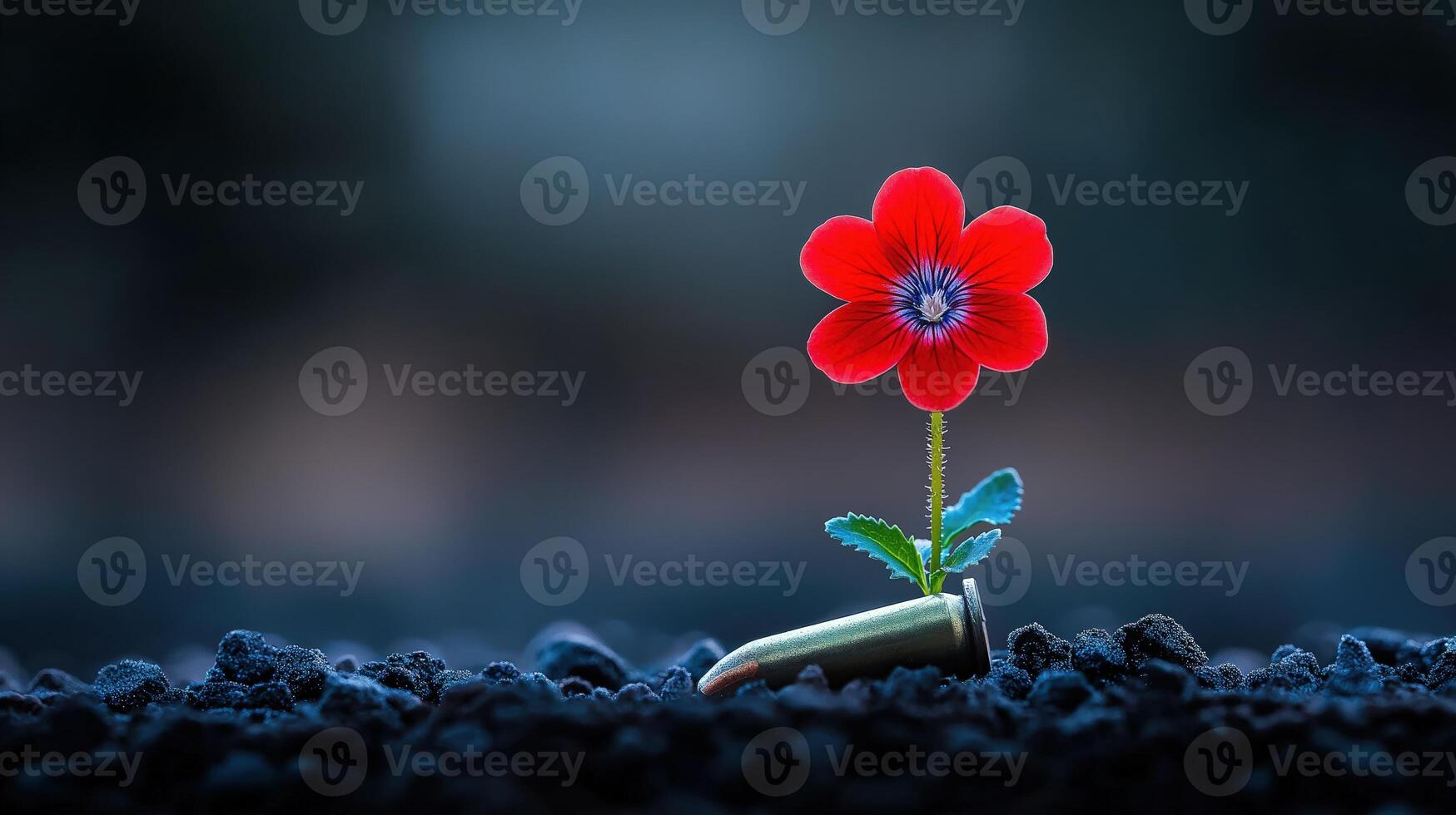 Red flower near bullet casing in dark soil, with copy space photo