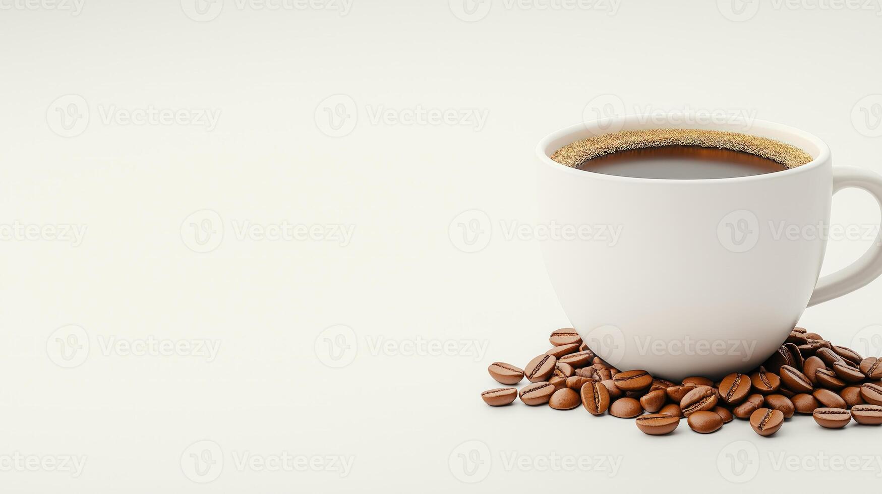 White cup filled with steaming coffee on light background, with copy space photo