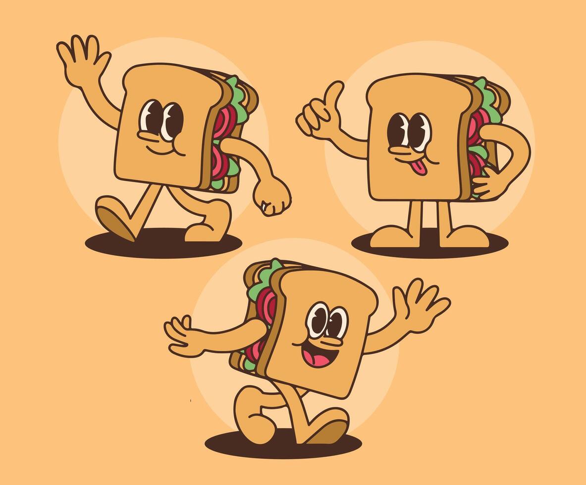 Retro Sandwich Mascot for Cafe Restaurant Branding with Cartoon Hand-Drawn Character in Vintage Style vector