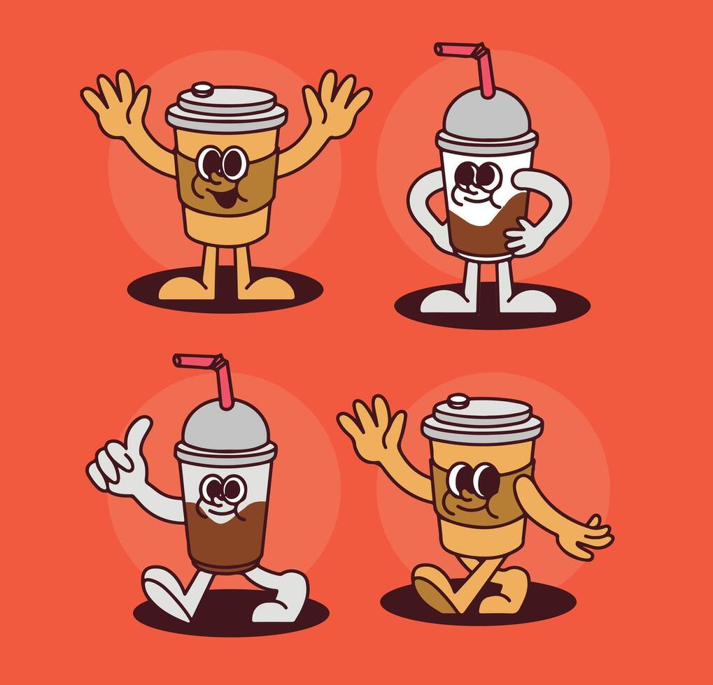 Retro Soda and Coffee Mascot for Cafe Restaurant Branding with Cartoon Hand-Drawn Characters in Vintage Style vector