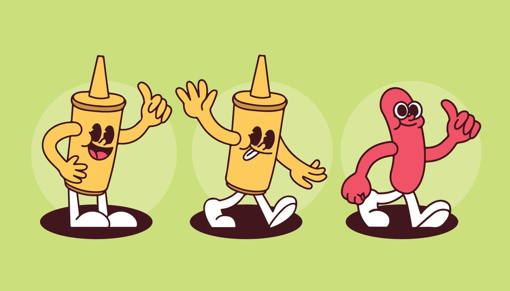 Retro Mustard and Hot Dog Mascots for Cafe Restaurant Branding with Cartoon Hand-Drawn Characters in Vintage Style vector