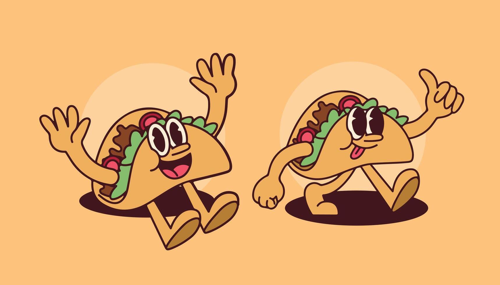 Retro Taco Mascot for Cafe Restaurant Branding with Cartoon Hand-Drawn Characters in Vintage Style vector