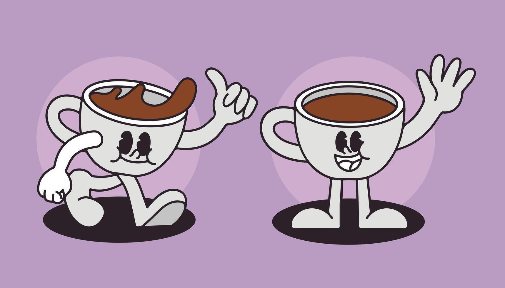 Retro Coffee Cup Mascots for Cafe Restaurant Branding with Cartoon Hand-Drawn Characters in Vintage Style vector