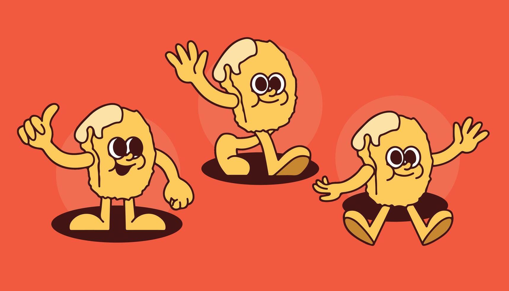 Retro Chicken Nugget Mascot for Cafe Restaurant Branding with Cartoon Hand-Drawn Characters in Vintage Style vector