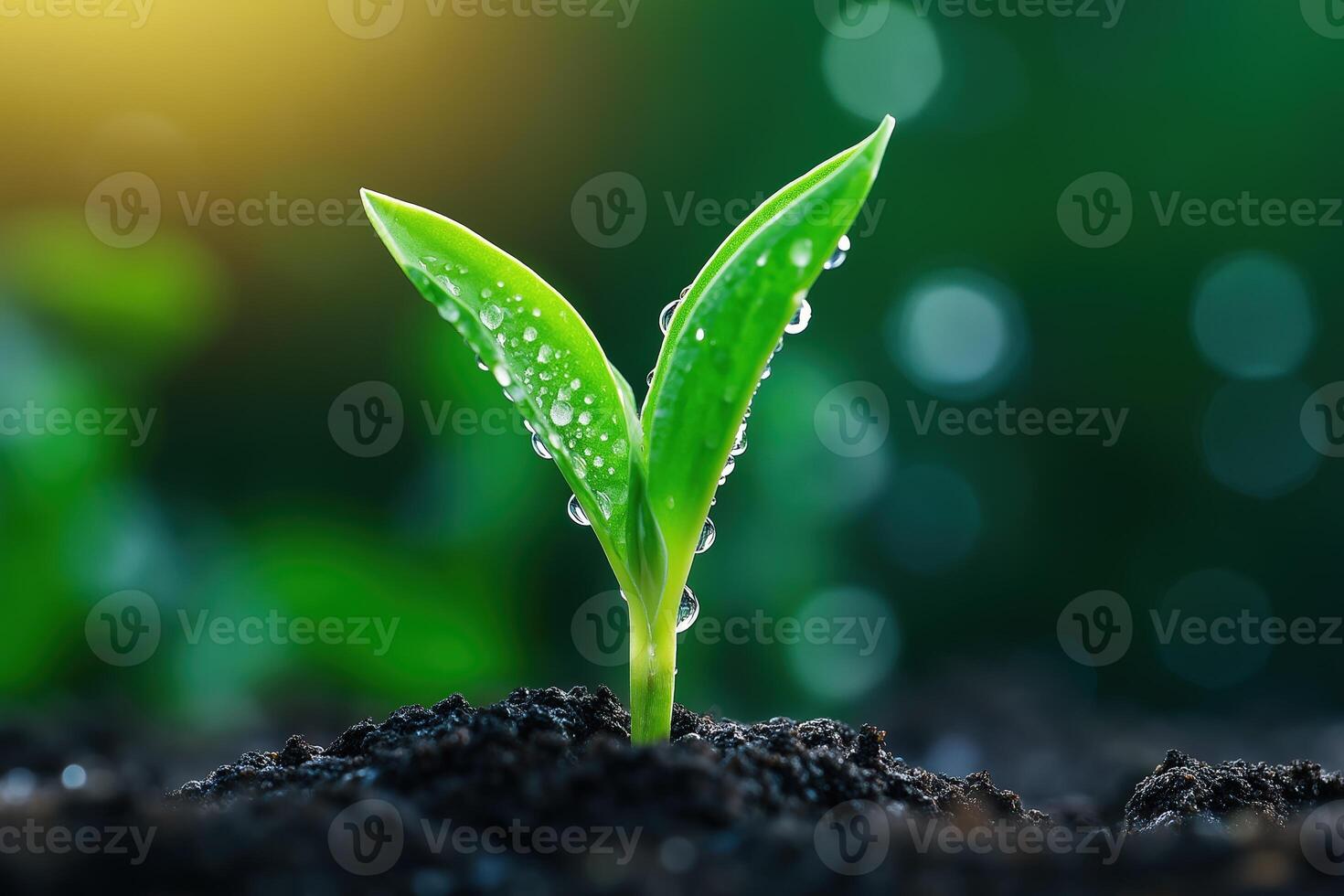 Young green plant growing in fertile soil, glistening with water droplets on leaves at sunset photo
