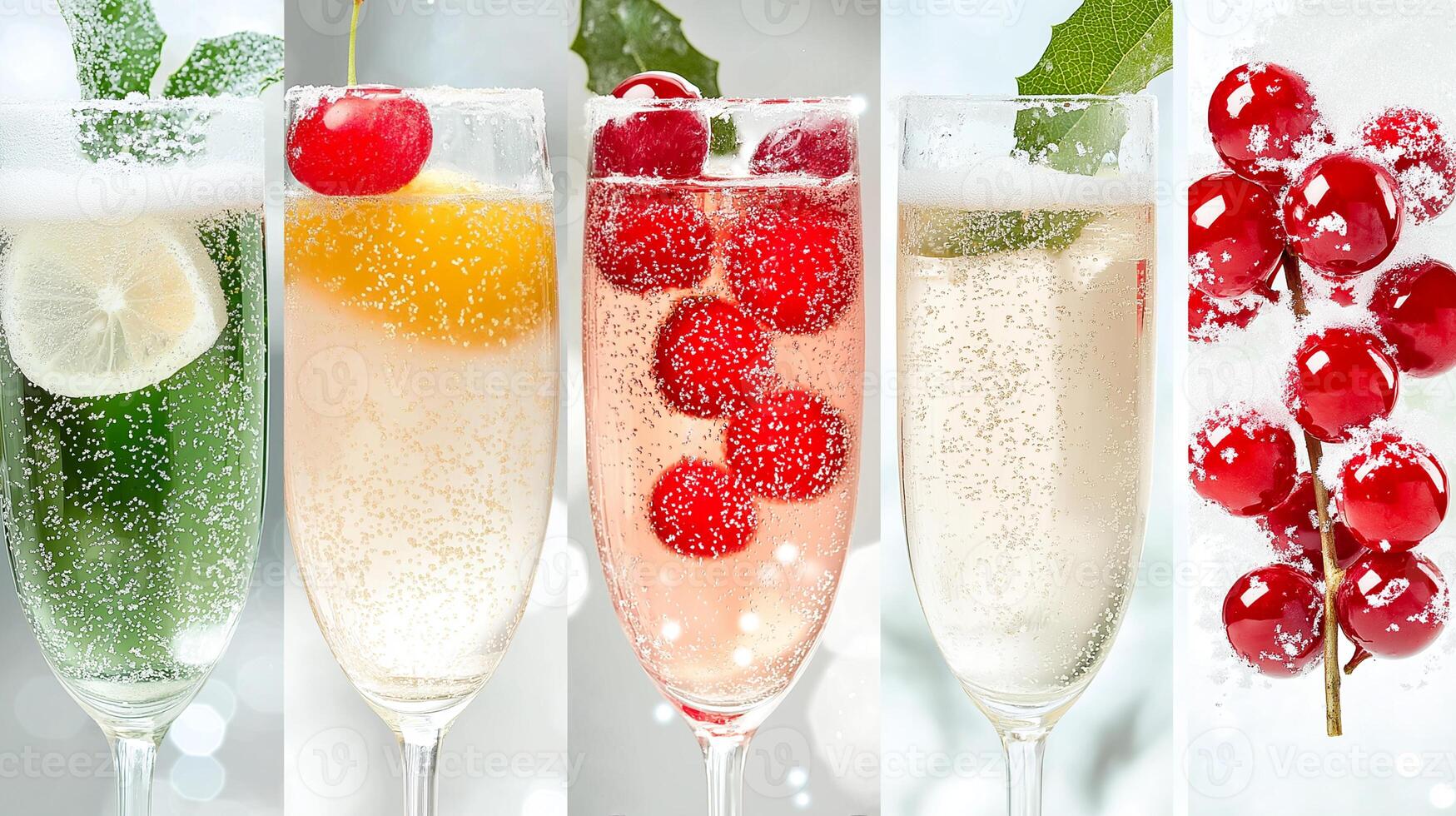 Glasses of sparkling cocktails with red berries and citrus pieces photo