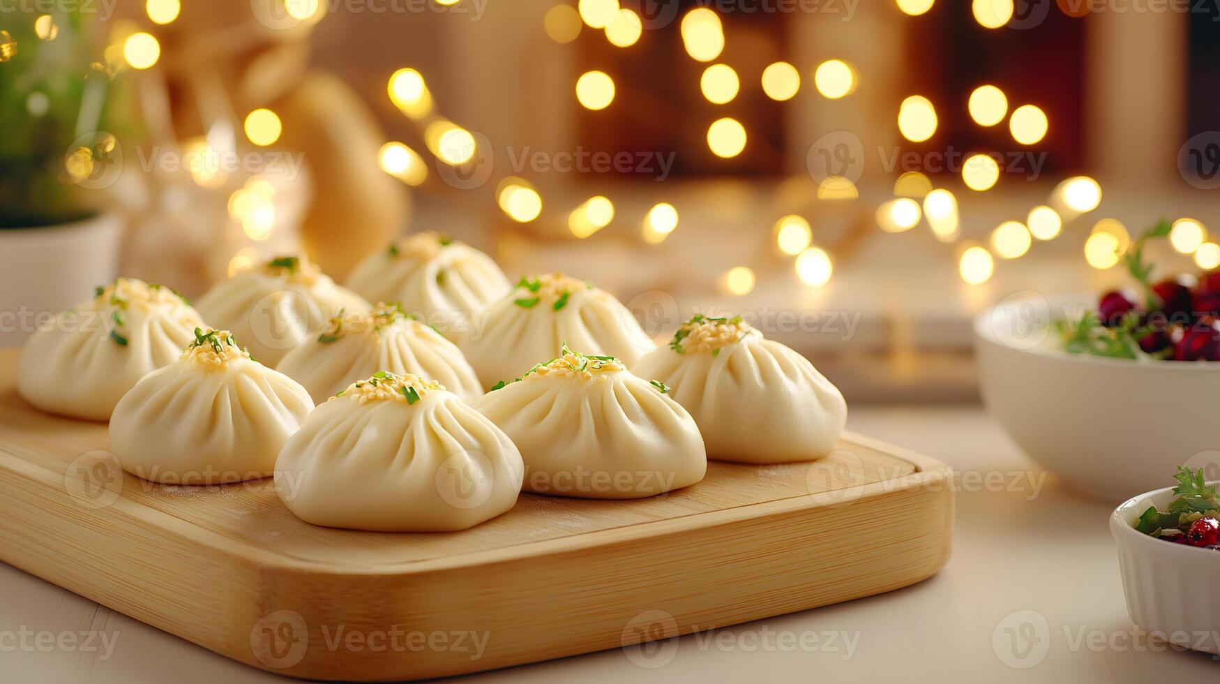 Khinkali on serving board on festive background, with copy space photo