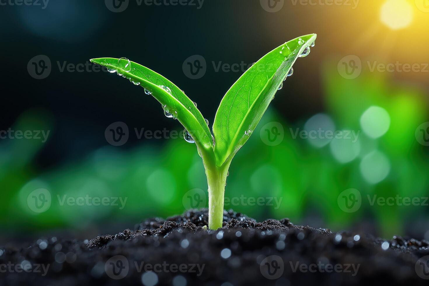 Young plant growing in fertile soil, glistening with water droplets on vibrant leaves at sunset photo