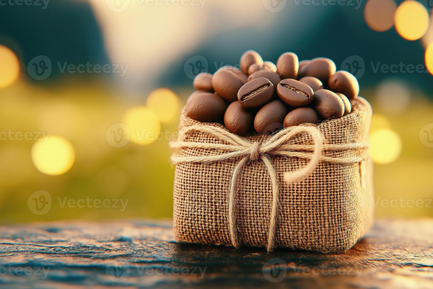 Fresh roasted coffee beans overflowing from small burlap sack on bokeh background photo