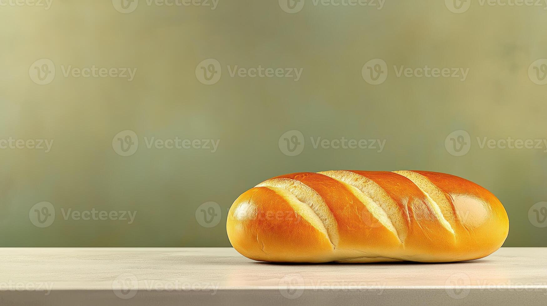 Freshly baked tasty loaf of bread on wooden table on blurred gray background, with copy space photo