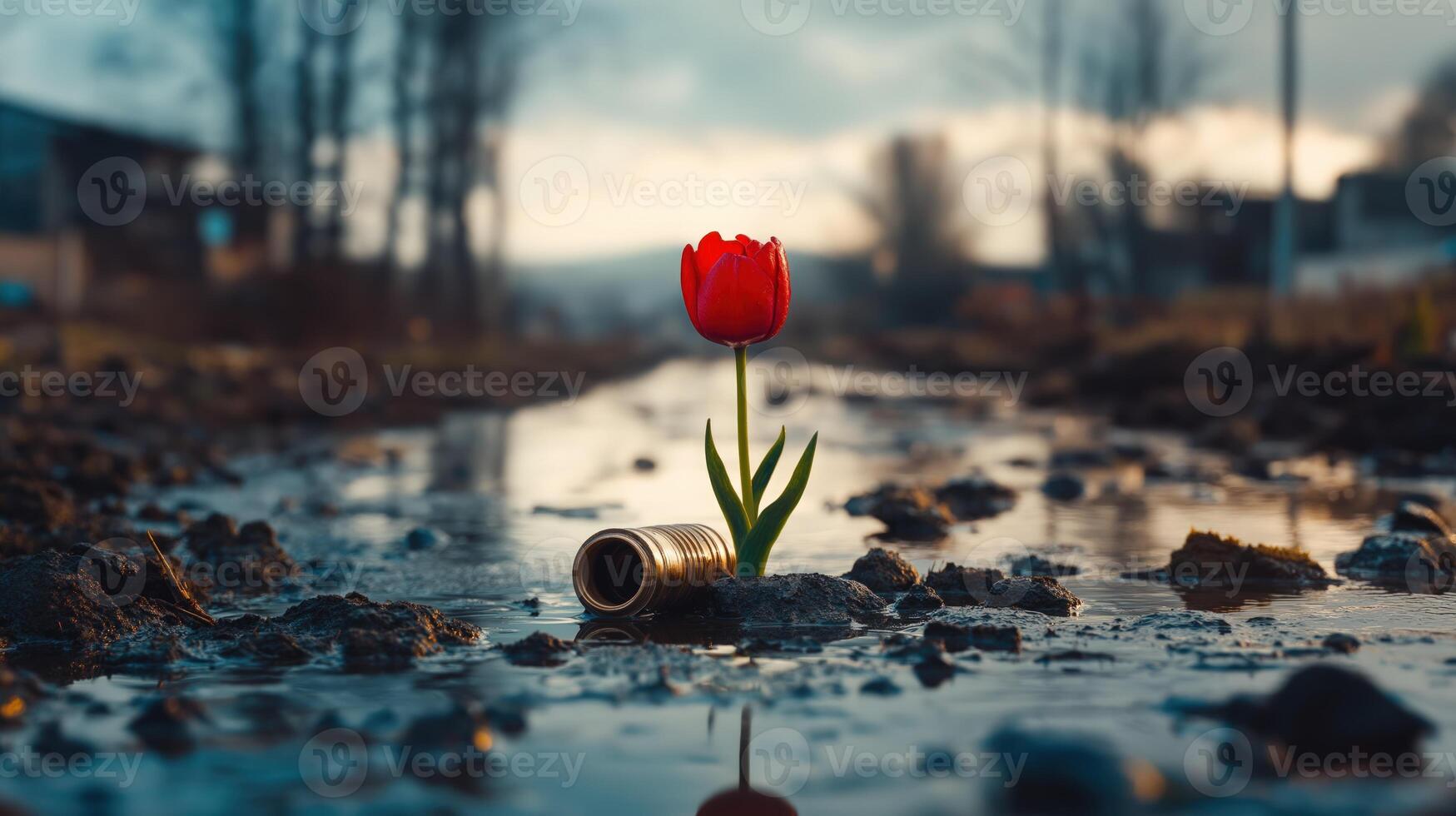 Single tulip growing in mud with bullet casings in foreground, with copy space photo