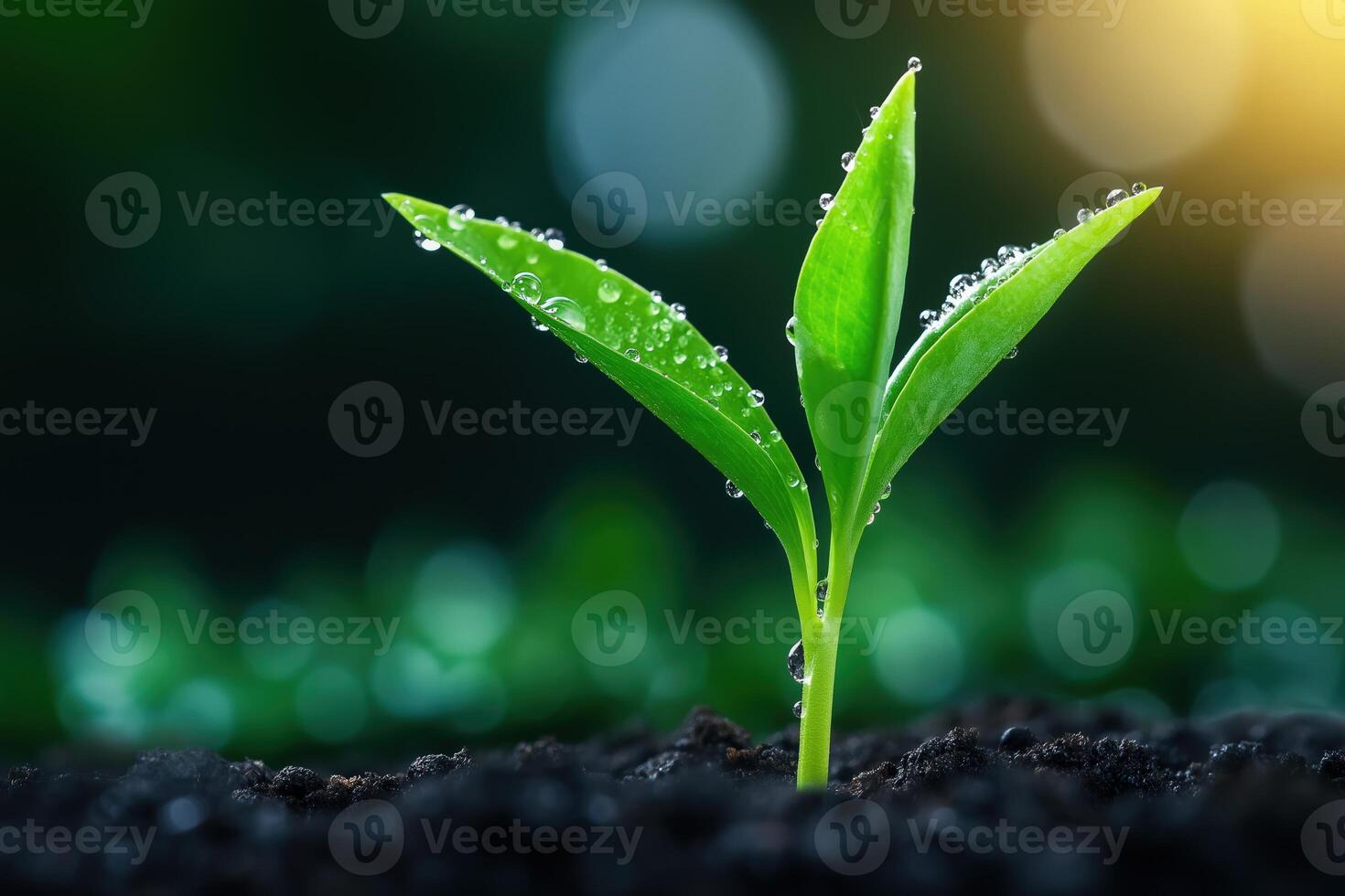 Young plant growing in rich soil, glistening with water droplets on vibrant leaves at sunset photo