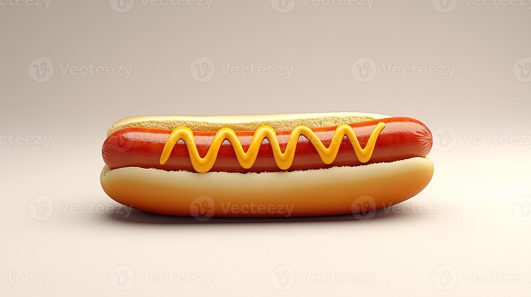 Juicy hot dog nestled in soft bun, topped with wavy line of vibrant mustard photo