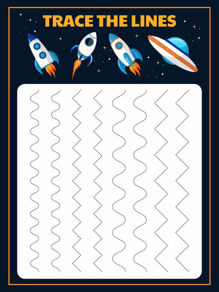 Tasks for children to develop motor skills and writing with comic rockets. Draw the lines vector